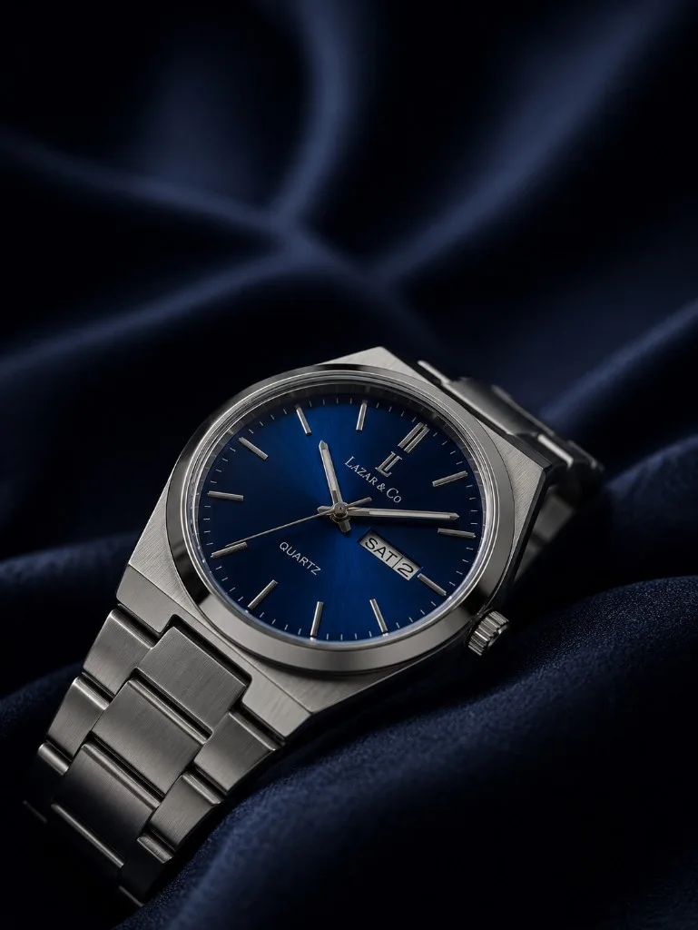 Montre Lazar & Co, cadran bleu soleil sur satin